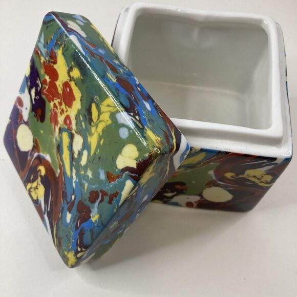 Urban Outfitters Ceramic Box Paint Pour 4” Cube Small Decorative Storage - Picture 1 of 10